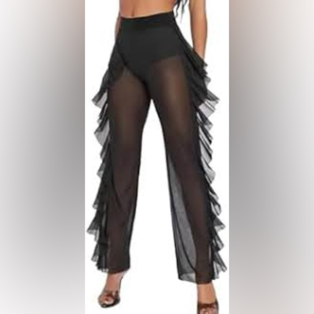 Uptown Black Ruffle sheer Wide-Leg Pants
